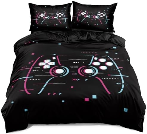 Queen Size Gamepad Duvet Cover Set - Black Gaming Bedding Set with Comforter Cover & Pillowcases, Retro Pink & Blue Controller Pattern, Cool Boys/Girls Room Decor, Dynamic Gaming Theme Design - Image 2