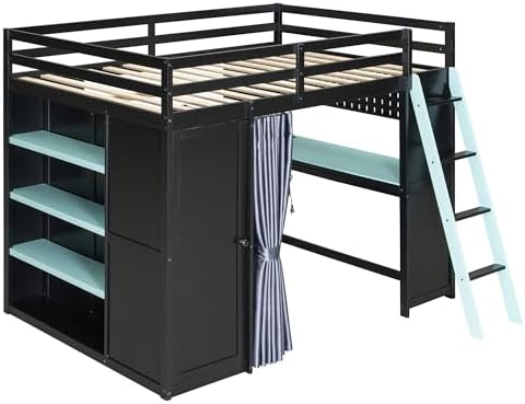 Merax Full Size Loft Bed with Desk and 6 Storage Shelves, Wardrobe, Blackout Curtain, Solid Wood Gaming Loft Bed Frame with USB Port & RGB Lights, No Box Spring Needed, Space-Saving, Black+Blue - Image 6