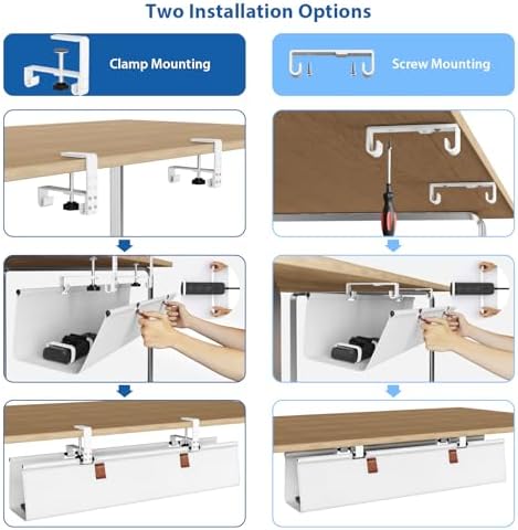 Zilink Under Desk Cable Management 30" No Drill Desk Cable Management Tray Clamp/Screw Mount Cable Tray Sturdy Waterproof Fabric Cord Organizer for Office, Home, White - Image 2