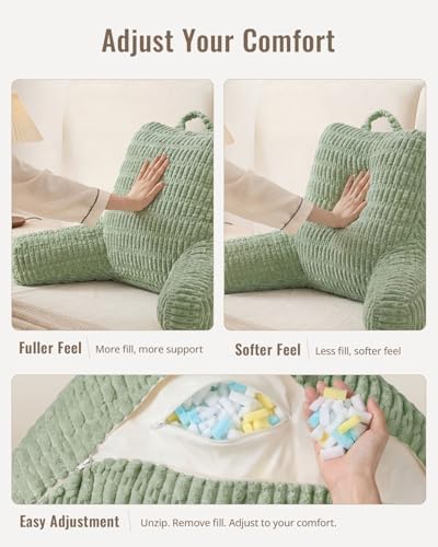 Blissful Diary Reading Pillow, Backrest Pillow with Shredded Memory Foam for Adult & Children, Designed for Bed and Couch Sitting Up, Includes Arms, Pockets and Washable Cover, Sage Green - Image 3