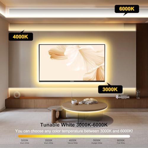 Pandery COB LED Strip Light,CCT Dimmable Strips Light,2700K-6500K,50ft/15m,8mm Wide,CRI90+ 24V LED Strips Kit with Bluetooth APP Control/Music Mode,for Bedroom,Kitchen,DIY Lighting - Image 5