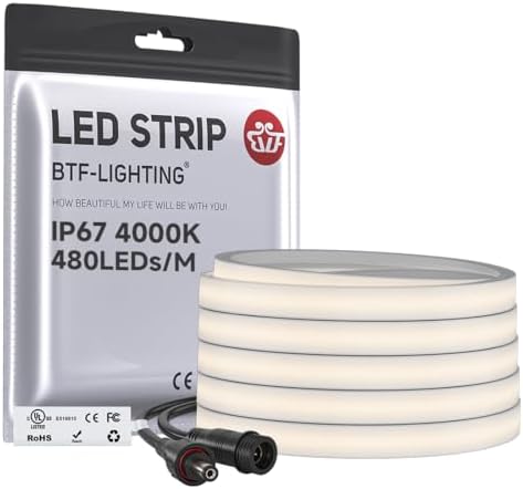 BTF-LIGHTING UL Listed IP67 Waterproof COB LED Strip Natural White 4000K by BTF-LIGHTING