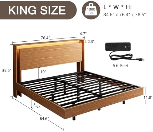 Einhomn King Size Bed Frame with LED Lights & Charging Station – Wood Floating Bed Frame with Storage Headboard, Adhesive Slats, Kick-Free & Noise-Free Design, Easy Assembly, Walnut - Image 2