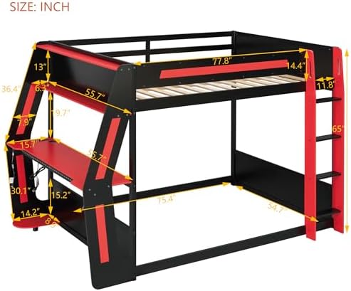 Merax Full Over Full Gaming Bunk Bed Frame with Side-Mounted Oversized Desk, USB Charging Ports & Cable Grommet & Light, Cool Design Heavy-Duty Esports Loft Bed Frame, Red - Image 2