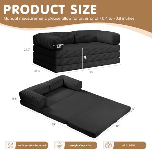 Convertible Sofa Bed Full,5-in-1 Tri-Fold Boneless Couch with Removable Armrests & Handle,Corduroy Futon Sleeper Sofa,Floor Folding Mattress Pull Out Bed for Small Space Apartment Bedroom Black - Image 2