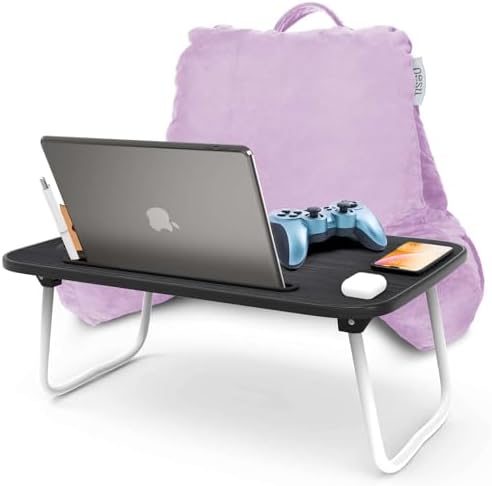 Nestl Reading Pillow with Portable Laptop Lap Desk - Shredded Memory Foam Back Support Pillow for Sitting Up in Bed and Couch Rest Pillows with Arms, Bed Tray Table with Foldable Legs, Lavender by Nestl