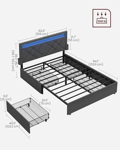 VASAGLE Queen Bed Frame, 4 Storage Drawers on Wheels, Charging Station - Image 2
