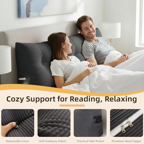 Wedge Reading Pillow Headboard Full Size, Headboard Bolster Pillow for Bed, Triangular Backrest Cushion with Removable Corduroy Cover, Darkgrey - Image 4