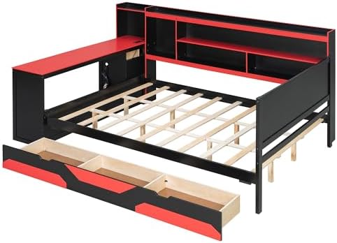 Merax Queen Size Gaming Daybed with Integrated Desk and Lights, Wooden Platform Bed Frame with 3 Storage Drawers and Built-in Charging Station, Multi-Functional Headboard Shelves, No Box Spring Needed - Image 7