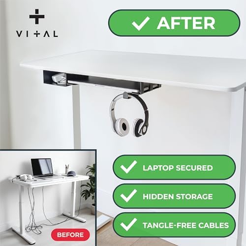 VI+AL Under Desk Laptop Mount - Hidden Metal Shelf with Side Storage, Hook & Cable Organizer - Installs with Tape & Screws - Fits Devices up to 1.7" Thick - Deluxe - Image 2