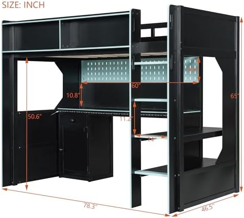 Merax Twin Size Gaming Loft Bed with Integrated Desk and Lights, Black+Blue - Image 3