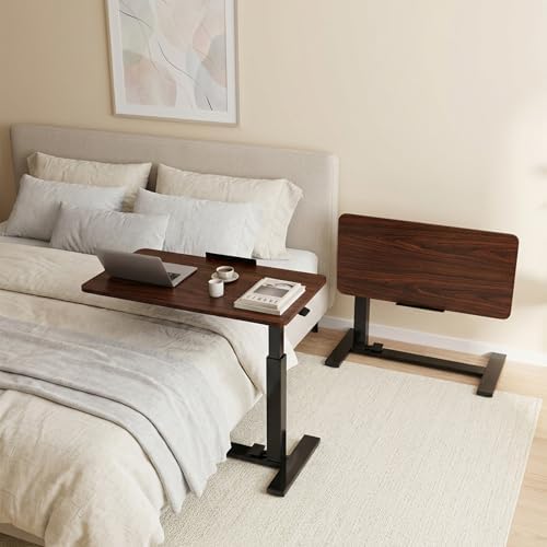 DUMOS Overbed Table with Wheels, Height-Adjustable Bedside Table, Brown - Image 2