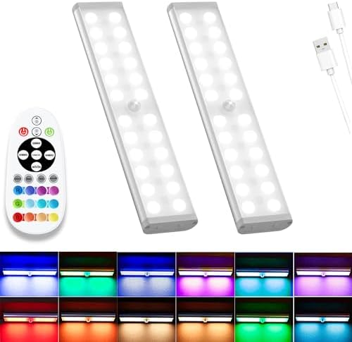 Under Cabinet Lights Wireless, 58-LED Rechargeable Motion Sensor Closet Lights with Remote Control, RGB Color Changing Under Counter Lights for Kitchen, Pantry, Bedroom, Stairs, 2 Pack by Haigvel