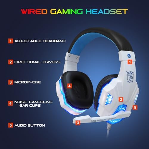 BlueFinger RGB Gaming Keyboard and Backlit Mouse and Headset Combo, USB Wired Backlit Keyboard, LED Gaming Mouse Set, Headset with Microphone for Laptop PC Computer Game and Work, White - Image 5