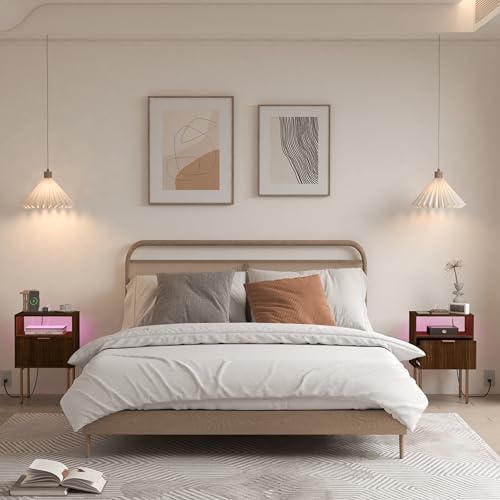 JOONEE Nightstand with Outlet and Led Light, Bedside Table with Storage Drawer, Fluted Side Table for Living Room, Bedroom - Image 3