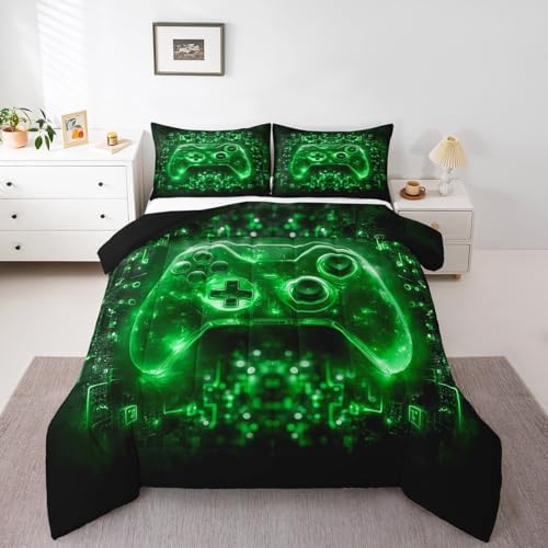 Feelyou Kids Boys Gamer Comforter Set Video Game Gamepad Queen Size Bedding Set for Teens Green Black Game Gaming Comforter Soft Microfiber - Image 6