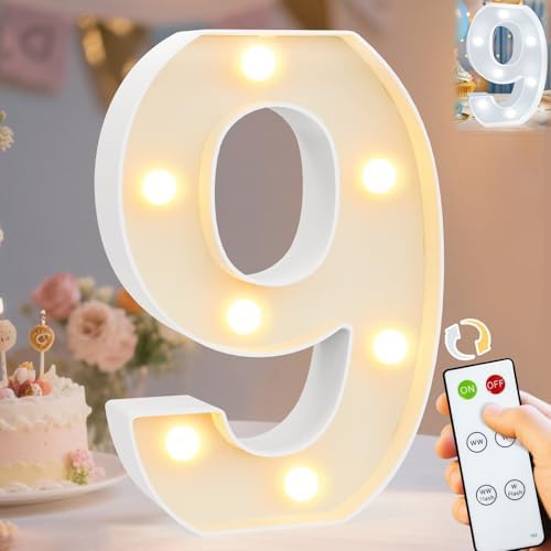 Pooqla LED Light Up Numbers, Marquee Number with Remote for 9th Birthday Decoration, Lighted Numbers Gift for Boys Girls Party Backdrop Wedding Anniversary Decor, Warm White and Cool White Number 9 by Pooqla