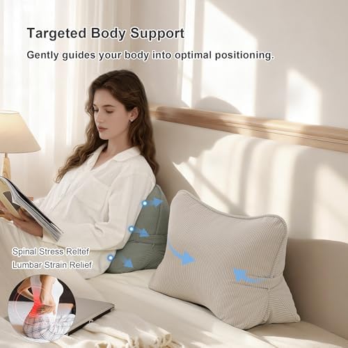 Pat. Pend. Corduroy Lumbar Support Back Pillow for Watching TV, Reading & Gaming, Ergonomic Triangle Support Cushion for Sofa, Armchair & Bed Sitting, Removable Washable Cover, Beige Gray - Image 4