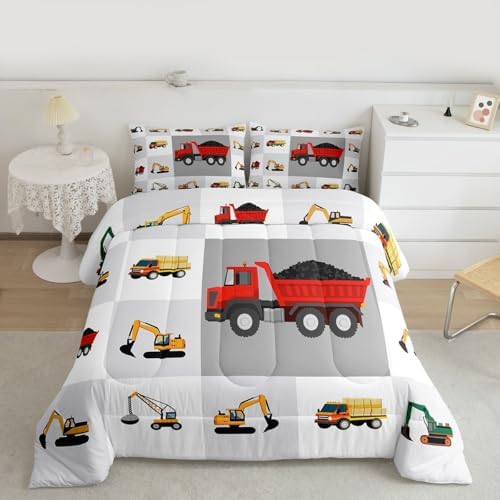Boys Red Construction Bedding Set Cartoon Excavator Comforter Set for Kids Boys Tractor Truck Car Duvet Set Vehicles Comforter 1 Comforter Set with 2 Pillowcases Full Size Boys - Image 2
