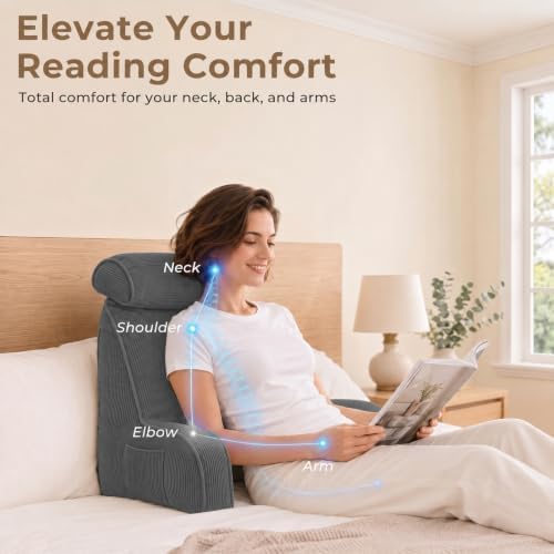 Reading Pillow for Bed with Detachable Neck Roll and Shredded Memory Foam, Back Pillow with Arms for Sitting Up, Washable Bed Rest Pillow with Side Pocket for Gaming, Sofa, Dorm - Dark Gray - Image 3