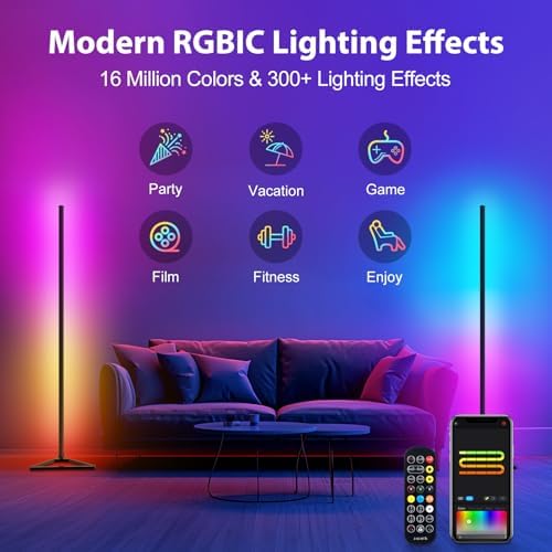 RGBIC Floor Lamp,16 Million Colors LED Floor Lamps 141 cm Lamps for Living Room with Music Sync,Standing Lamp with App and Remote Control,Gaming Ambient Lighting Corner Lamp Bedroom Decor - Image 2