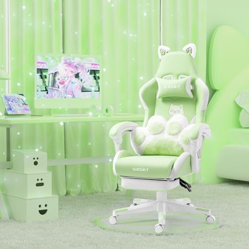 Vigosit Cute Cat Ears Gaming Chair for Women Girls - Ergonomic PU Leather Office Chair with Footrest cat paw Pillow, 360° Swivel Recliner, Green by VIGOSIT