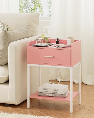 Masupu Nightstand with Charging Station,3-Tier Modern Bedside Night Stand with Storage Drawer and Shelf,Small End Side Table for Bedroom,Living Room,Pink and White - Image 4