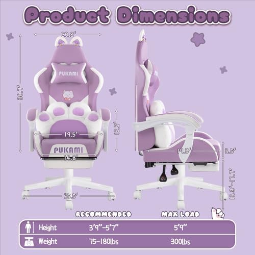 PUKAMI Gaming Chair with Cat Ears,Cute Computer Chair for Girl with Footrest,Ergonomic Gamer Chair, Kawaii Gaming Chair, Game Chair (Purple) - Image 2
