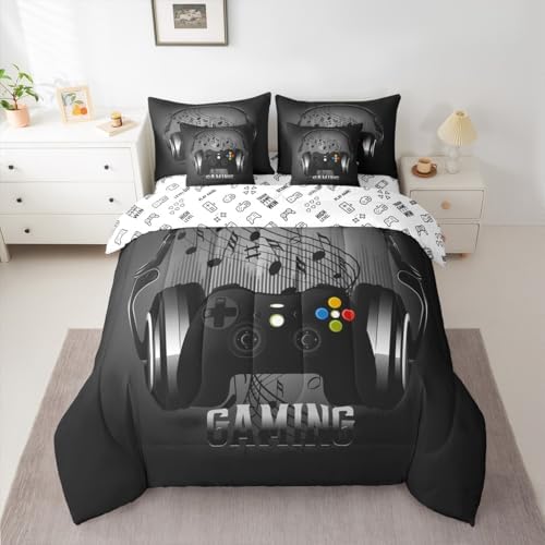 Feelyou Gaming Comforter Set with Sheets Headphones Game Controller 7 Piece Bedding Set Twin Size Black Grey Video Game Decor Music Melody Bed Set Gamer Bed in a Bag for Boys Teens Soft by Feelyou