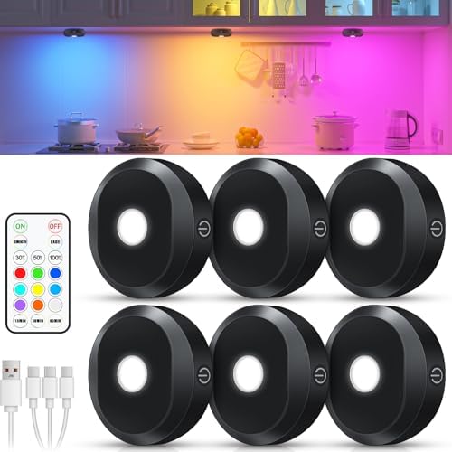 WILLED Under Cabinet Lighting Wireless,RGB Rechargeable Puck Lights with Remote Control,Battery Touch Tap Light with Timer Function,Stick On LED Lights for Kitchen,Cabinet,Counter,Closet,Shelf,6 Pack by WILLED
