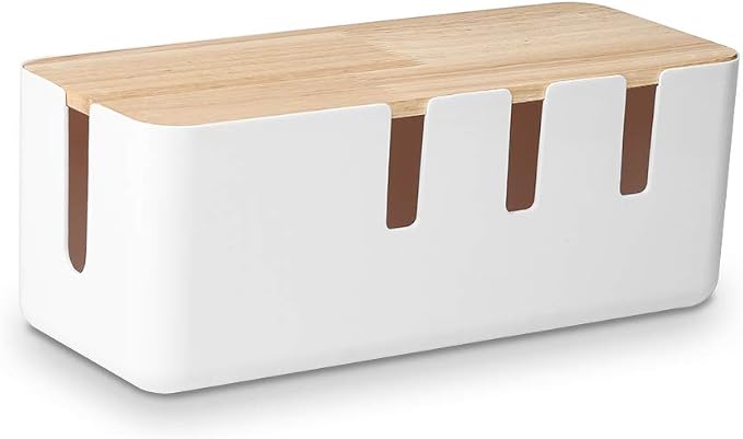 Cable Management Box by Baskiss, 12x5x4.5 inches, Wood Lid, Wire Organizer for Desk TV Computer USB Hub System to Cover and Hide & Power Strips & Cords by Baskiss