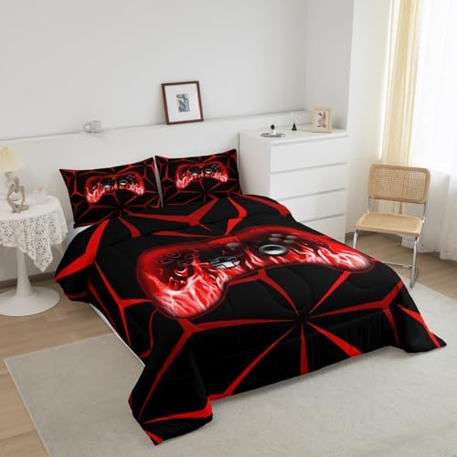 Feelyou Boys Gamer Comforter Set,3D Gaming Bedding Set Toddler Size for Kids Boys Bedroom Room Decor,Red and Black Video Game Comforter,Geometric Gaming Bed Set All Season for Game Lovers - Image 2