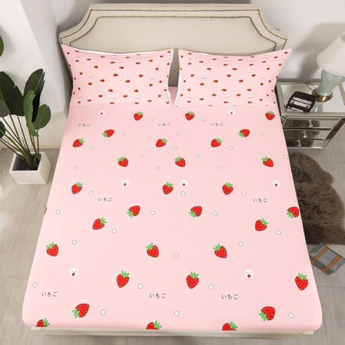 Girls Strawberry Bed Sheets Twin Kawaii Strawberry Sheet Set For Kids Room Decor Japanese Style Pink Cute Cartoon Fruit Food Theme Fitted Sheet Girly White Floral Flat Sheet With Deep Pocket - Image 2