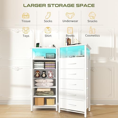 Yoobure 5 Drawers Dresser for Bedroom, Tall Nightstand with Charging Station, Fabric Dresser for Closet with Storage Shelf, Vertical Dressers Chest LED Night Stand, Bedside Table for Dorm Living Room - Image 5