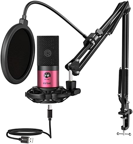 FIFINE T669 Rose Red Podcast Microphone Kit with Boom Arm for Recording by FIFINE