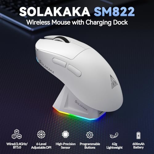SOLAKAKA SM822 Wireless Gaming Mouse with Charging Dock, Tri-Mode Wireless Mouse, PAW3311 Optical Sensor, Up to 24,000DPI, 62g Lightweight Mouse with 5 programmable Buttons, for PC, Laptop (White) - Image 2