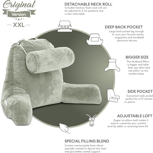 Husband Pillow XXL Reading Pillow for Bed Backrest with Arms - Desert Sage Adult - Unmatched Support Pillow for Sitting Up in Bed - Shredded Memory Foam Comfy Microplush Cover & Detachable Neck Roll - Image 5