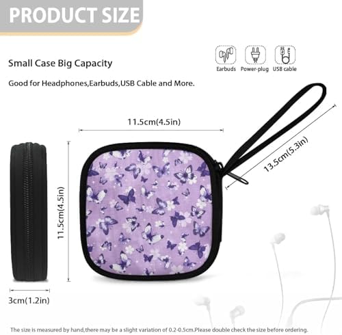 Purple Butterfly Floral Headphones Carrying Case, Protective Shell Travel Bag for Cable, Charger Storage for Earphone, Earbud, Earpieces - Image 5
