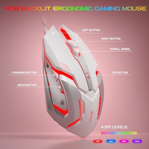 BlueFinger RGB Gaming Keyboard and Backlit Mouse and Headset Combo, USB Wired Backlit Keyboard, LED Gaming Mouse Set, Headset with Microphone for Laptop PC Computer Game and Work (White & Pink) - Image 4