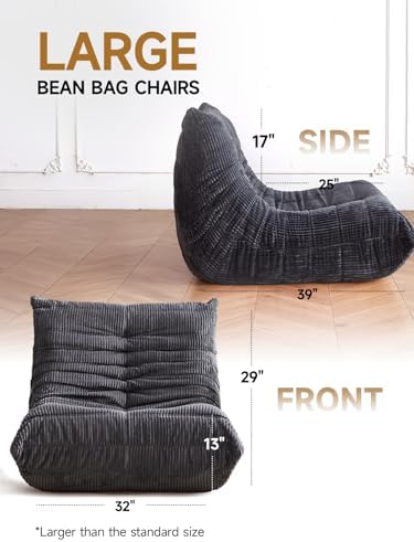 ZCUBED Large Bean Bag Chairs for Adults, Memory Foam Lounge Chair, Soft Corduroy Big Bean Bag Chair Lazy Sofa, Comfy Floor Beanbag Chair Single Sofa for Bedroom Living Room Fireside Book Nook, Grey - Image 2