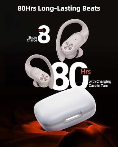 PocBuds Bluetooth Headphones Wireless Earbuds 80hrs Playtime Wireless Charging Case Digital Display Sport Ear Buds with Earhook Deep Bass IPX7 Waterproof Over-Ear Earphones for Phone Laptop Beige - Image 2