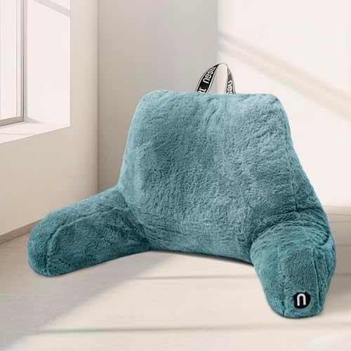 Nestl Fur Reading Pillow, Stylish Back Pillow for Bed Sitting Up, Faux Fur Bed Chair Pillow with Arms, Reading Pillows for Sitting in Bed Adult & Kids, Back Support Pillow for Bed Rest - Stone Blue by Nestl