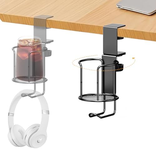 2-in-1 Clip-On Cup Holder & Headphone Hook - 360° Rotatable Anti-Spill Desk Organizer, Perfect for Gaming Tables, Office Desks, Lawn Chairs & Home Use (1 Pack) by Windpost