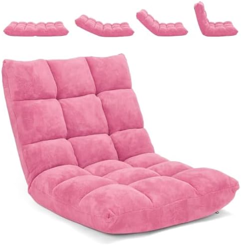 Moccha 14-Position Floor Chair, Folding Sofa Chair with Back Support, Memory Foam Floor Gaming Chairs for Adults, Adjustable Padded Couch Recliner Sleeper Bed for Reading, Meditating, Pink by LDAILY