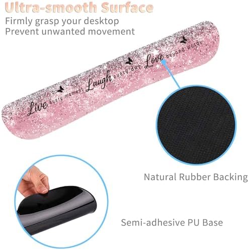 Keyboard Wrist Rest and Mouse Pad Wrist Support Set with Coasters,Ergonomic Gaming Mousepad for Home Office Working Studying Easy Typing & Pain Relief,Live Love Laugh Quote Pink Sparkle Glitter - Image 4