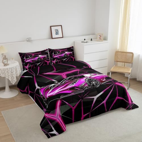 Feelyou Sports Car Comforter Set Toddler Size, Rose Pink Racing Car Bedding Set 2pcs for Kids Boys Teens Bedroom Decor, Geometric Print Quilt Set with 1 Pillowcase - Image 2