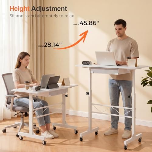 COMHOMA Small Standing Desk with Storage Drawer, Mobile Height Adjustable Rolling Sit Stand Desk with Lockable Wheels 4‑Level Portable Laptop Desk for Small Space Home Office Treadmill Workstation - Image 6