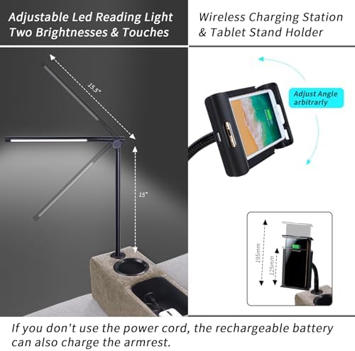 Multifunctional Sofa Armrest, Couch Armrest with Cup Holder, Removable Sofa Caddy with Storage,Equipped with LED Reading Light&Wireless Charge Stand, Brown - Image 3