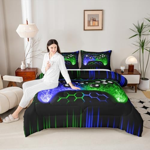 Erosebridal Ombre Art Honeycomb Gaming Comforter Sets for Boys Blue Green Neon Lights Game Console Boys Bedding Sets Twin Geometric Hexagon Beehive Bed Set Gamer Room Decor for Boys - Image 5