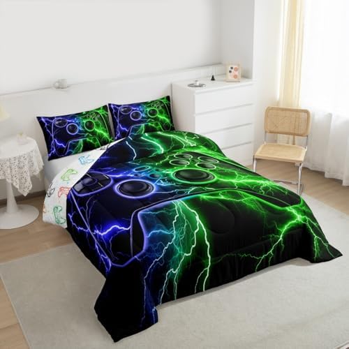 Gamer Comforter Set Gaming Full Size Bedding Sets, Game Boy Games Comforter Blue Green Lightning Bed Set,Kids Room Decor - Image 2
